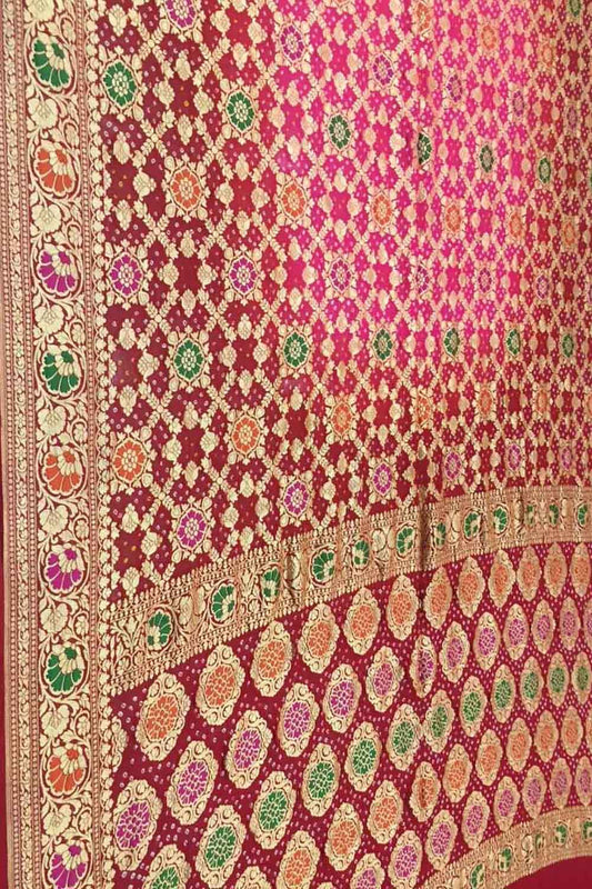 Red & Pink Banarasi Bandhani Georgette Meenakari Saree - Luxurion World