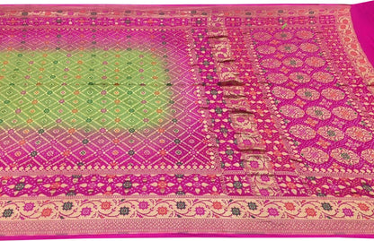 Stunning Green and Pink Banarasi Bandhani Pure Georgette Saree - Luxurion World