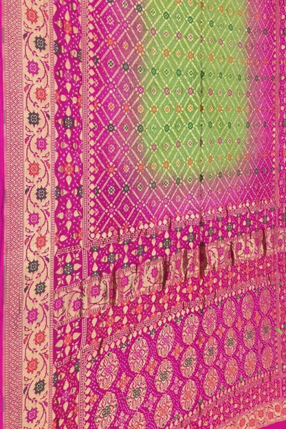 Stunning Green and Pink Banarasi Bandhani Pure Georgette Saree - Luxurion World