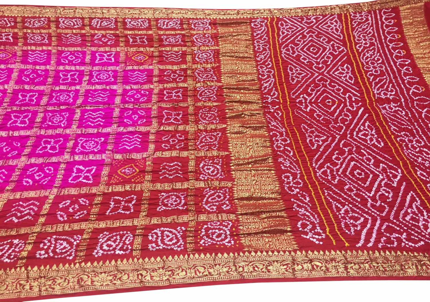 Stunning Pink & Red Bandhani Gajji Silk Saree - Luxurion World