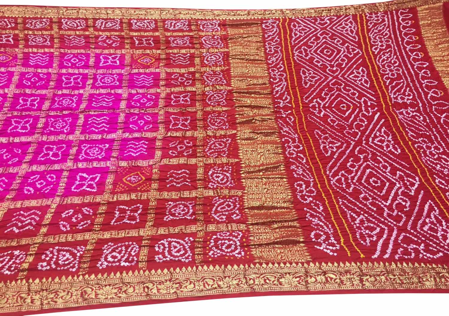 Stunning Pink & Red Bandhani Gajji Silk Saree - Luxurion World