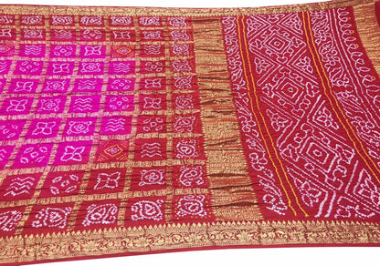 Stunning Pink & Red Bandhani Gajji Silk Saree - Luxurion World