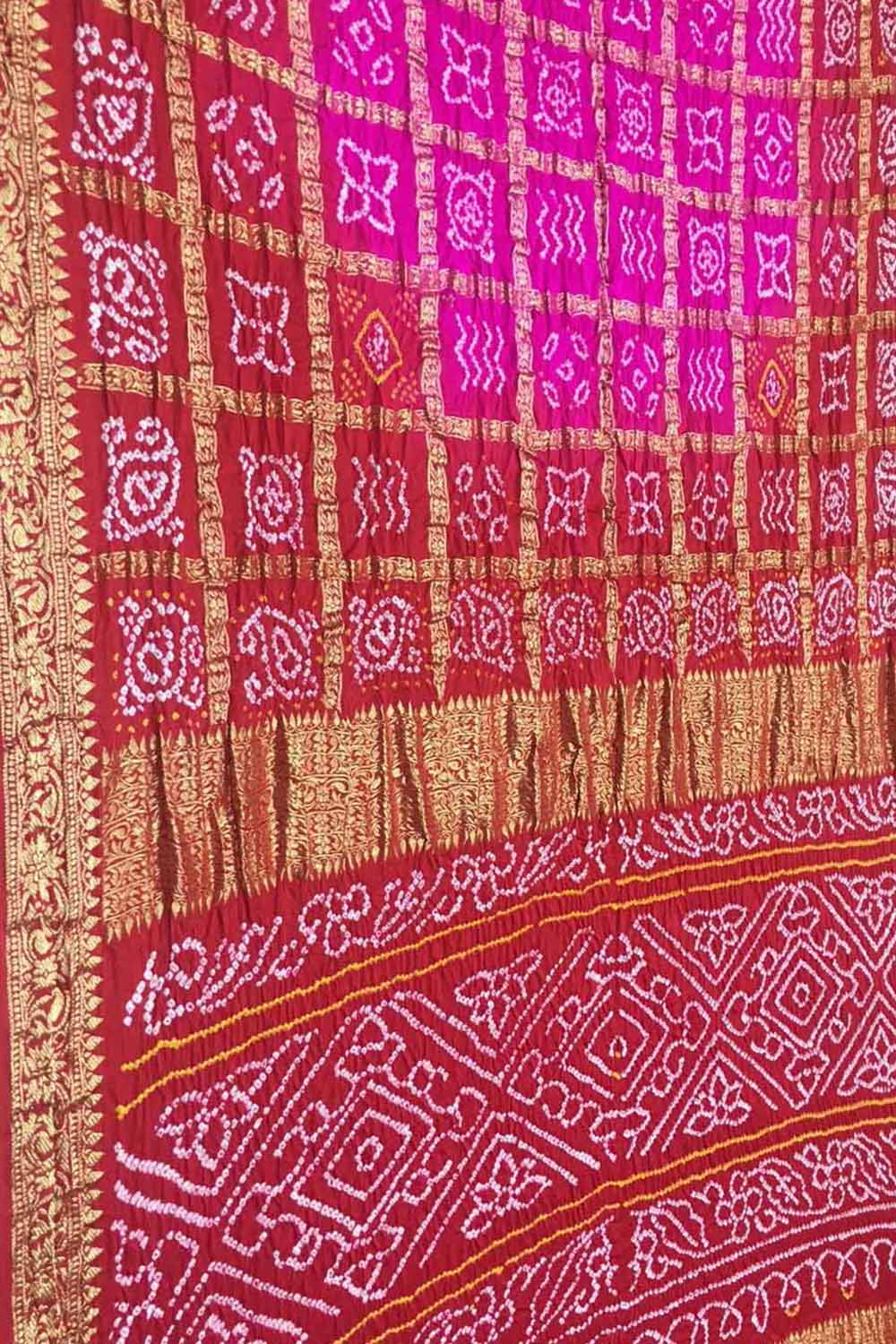 Stunning Pink & Red Bandhani Gajji Silk Saree - Luxurion World
