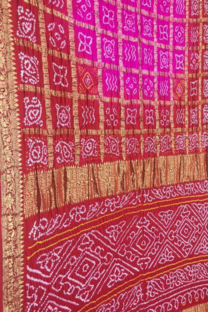 Stunning Pink & Red Bandhani Gajji Silk Saree - Luxurion World