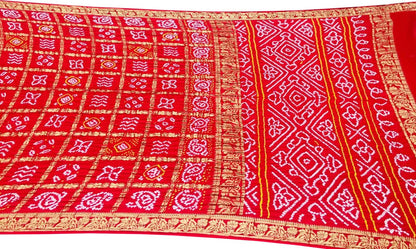 Red Bandhani Gajji Silk Gharchola Checks Saree - Luxurion World