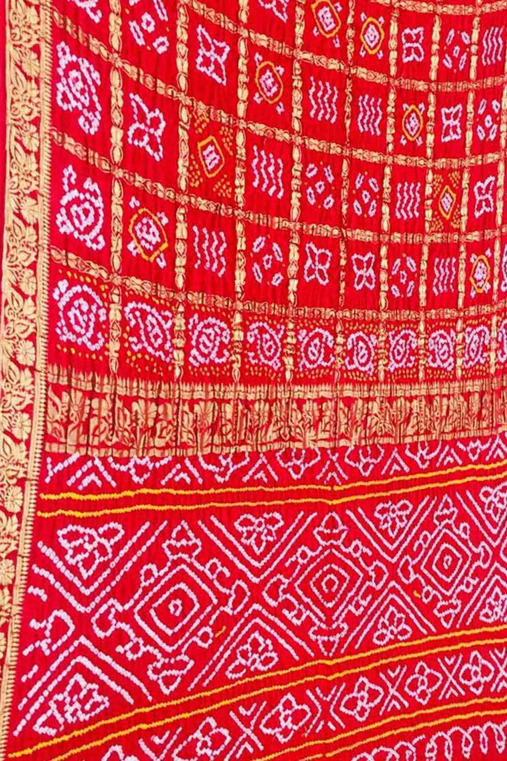 Red Bandhani Gajji Silk Gharchola Checks Saree - Luxurion World