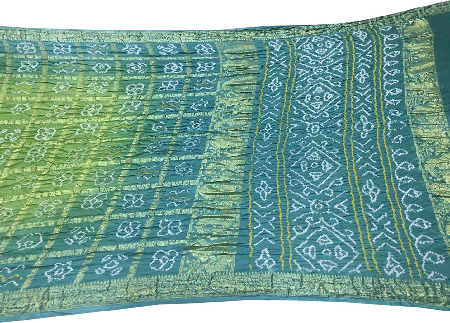 Green And Blue Bandhani Pure Gajji Silk Gharchola Checks Saree - Luxurion World
