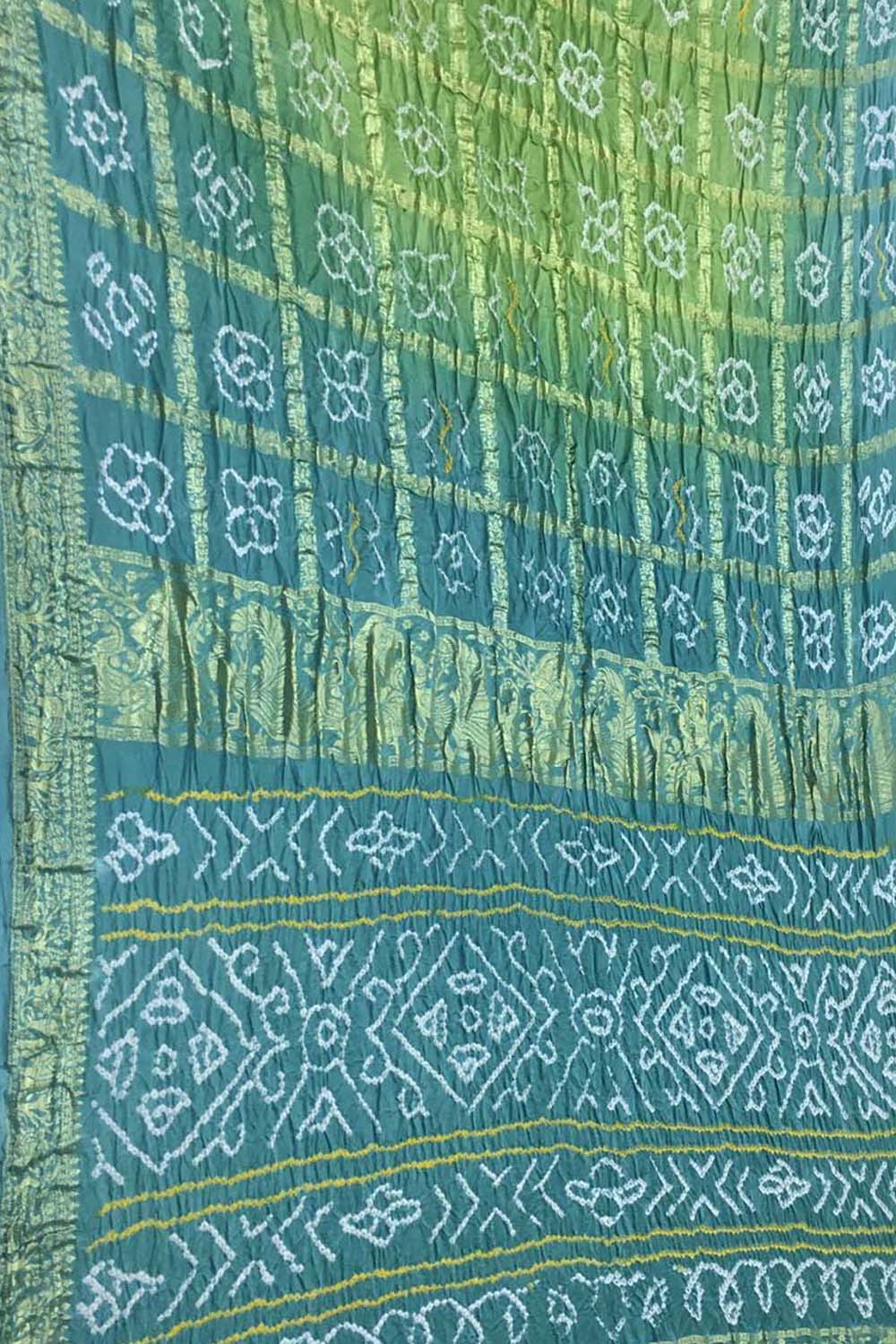 Green And Blue Bandhani Pure Gajji Silk Gharchola Checks Saree - Luxurion World