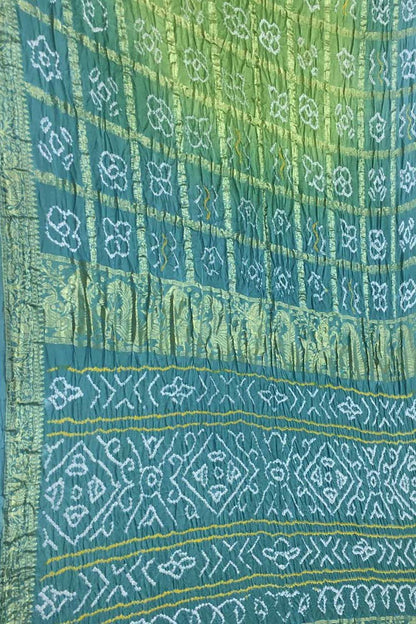 Green And Blue Bandhani Pure Gajji Silk Gharchola Checks Saree - Luxurion World