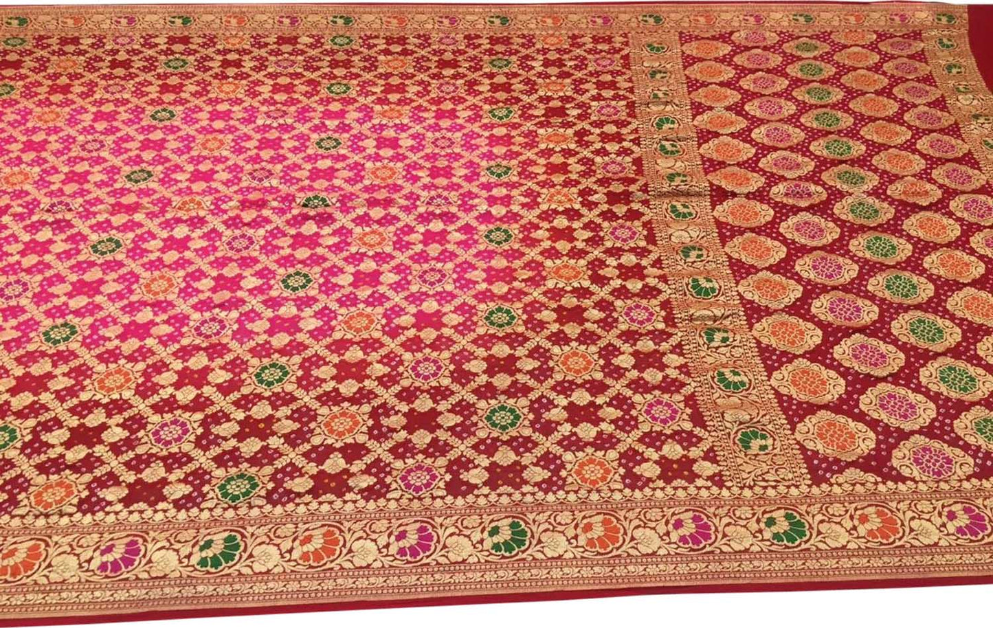 Stunning Pink and Red Banarasi Bandhani Saree - Luxurion World