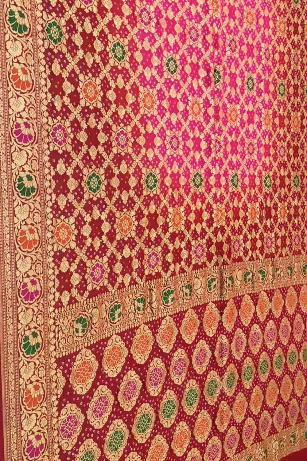 Stunning Pink and Red Banarasi Bandhani Saree - Luxurion World