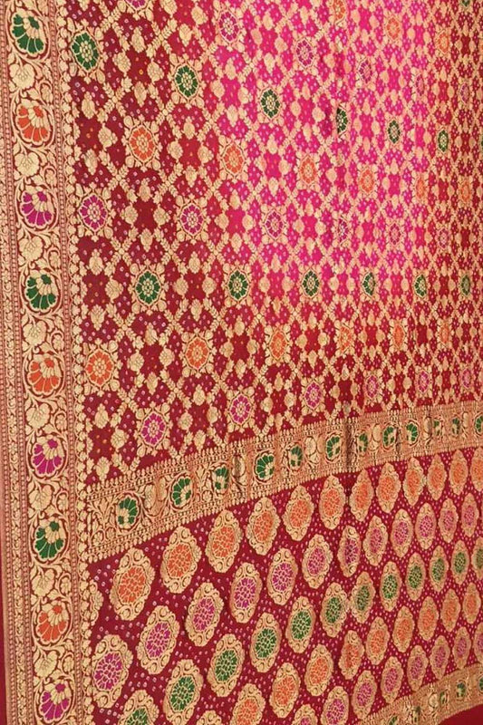 Stunning Pink and Red Banarasi Bandhani Saree - Luxurion World