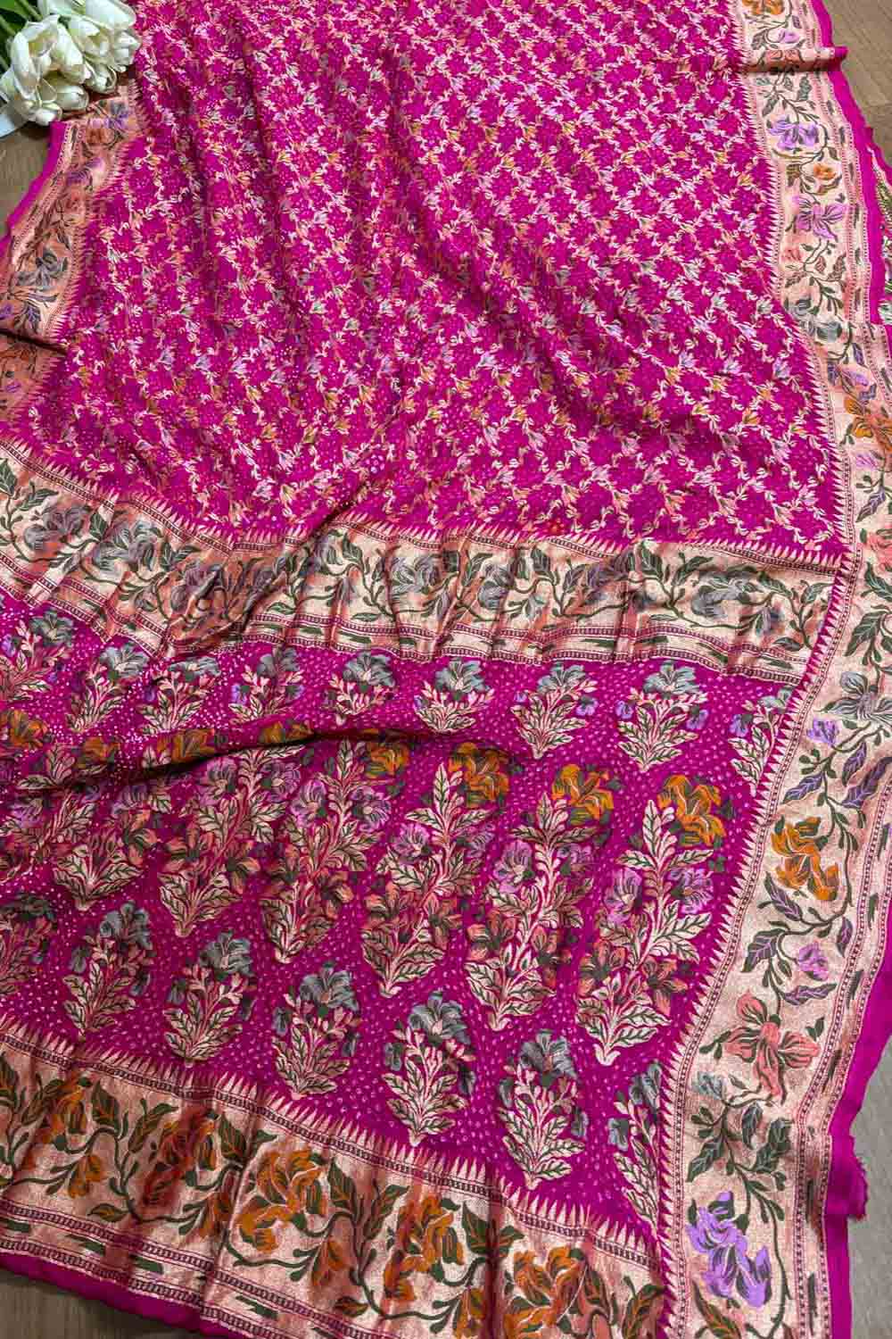 Stunning Pink Banarasi Bandhani Pure Georgette Meenakari Saree - Luxurion World
