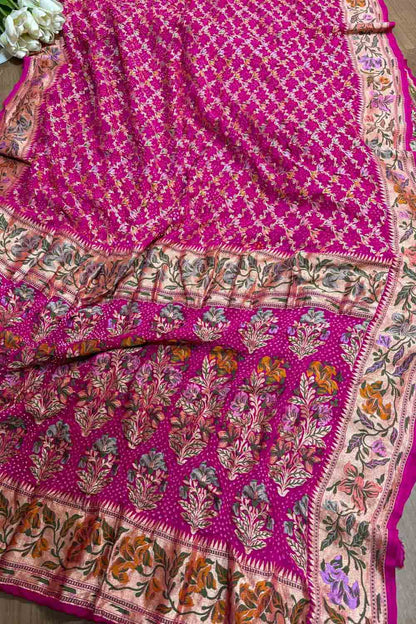 Stunning Pink Banarasi Bandhani Pure Georgette Meenakari Saree - Luxurion World