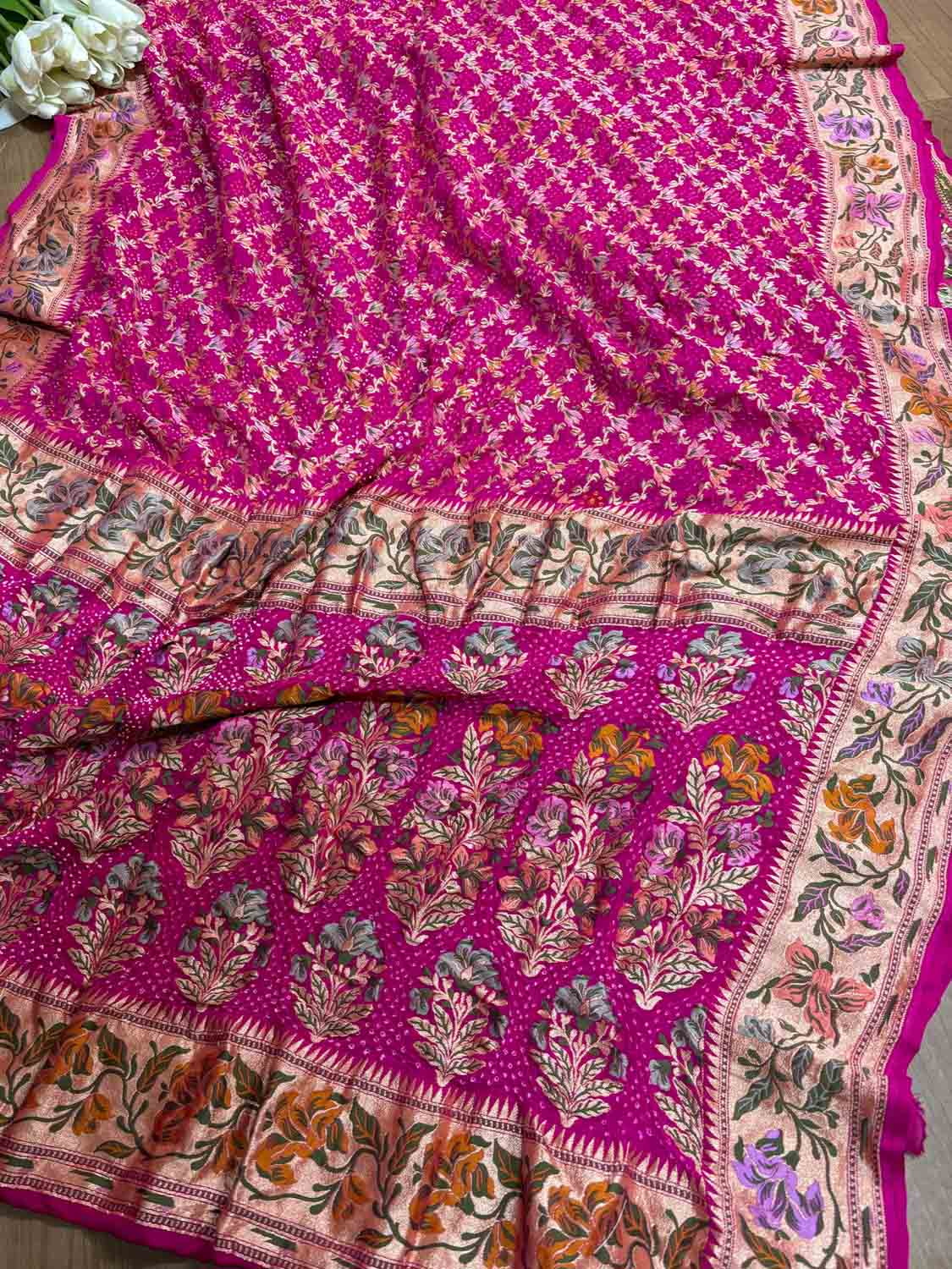 Stunning Pink Banarasi Bandhani Pure Georgette Meenakari Saree - Luxurion World