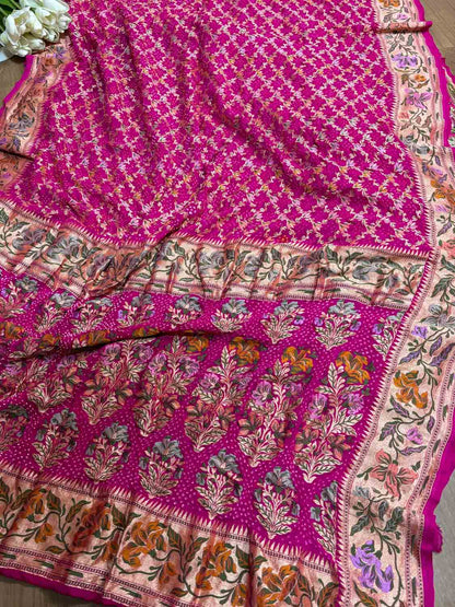 Stunning Pink Banarasi Bandhani Pure Georgette Meenakari Saree - Luxurion World