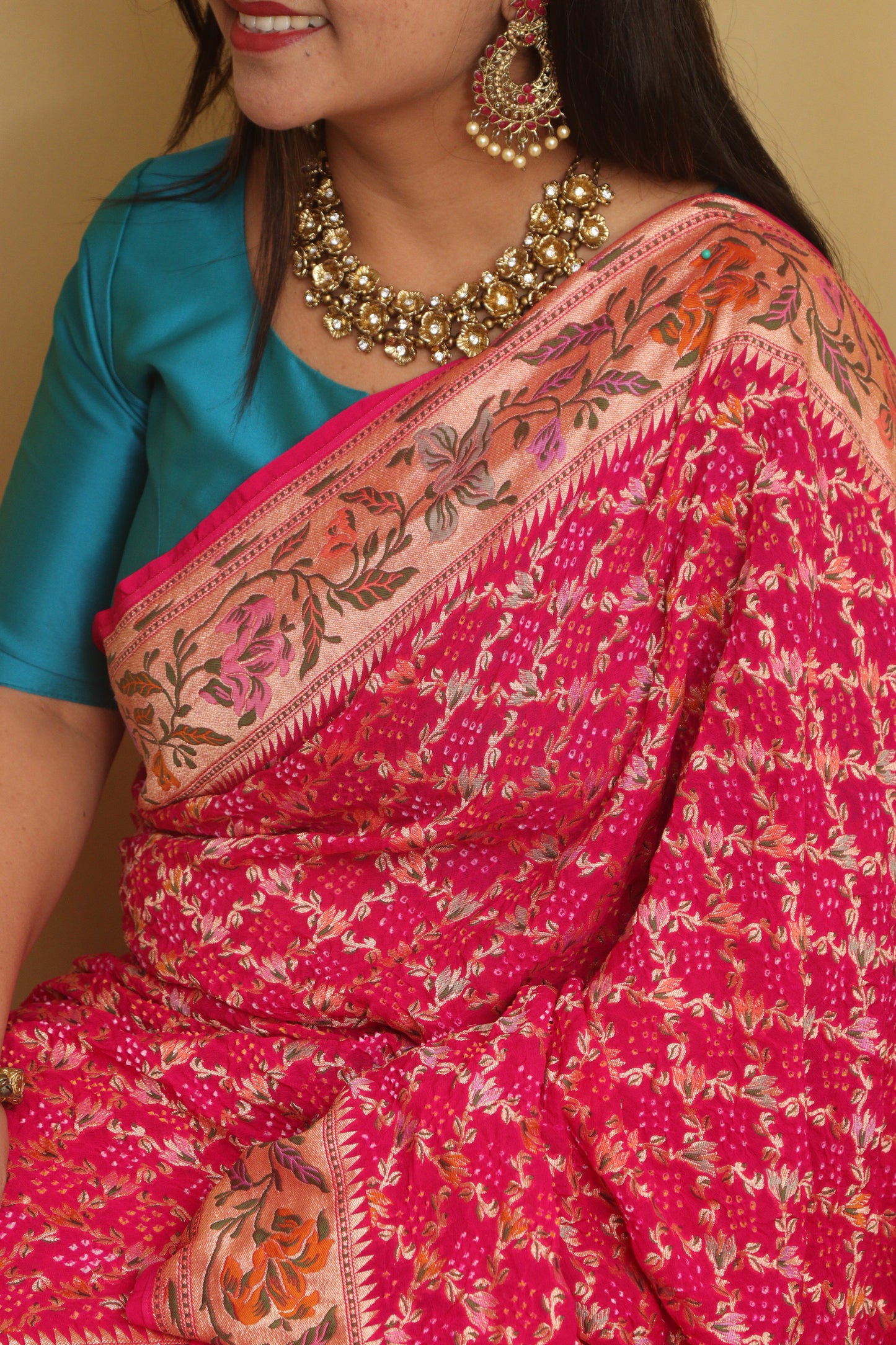 Stunning Pink Banarasi Bandhani Pure Georgette Meenakari Saree - Luxurion World