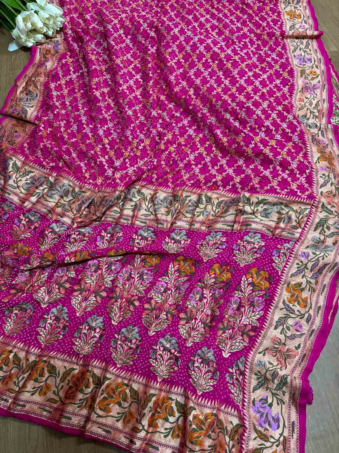 Stunning Pink Banarasi Bandhani Pure Georgette Meenakari Saree - Luxurion World