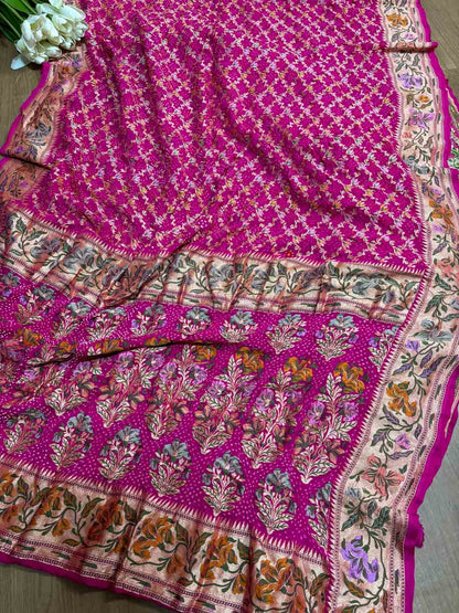 Stunning Pink Banarasi Bandhani Pure Georgette Meenakari Saree - Luxurion World