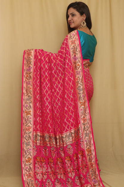 Stunning Pink Banarasi Bandhani Pure Georgette Meenakari Saree - Luxurion World
