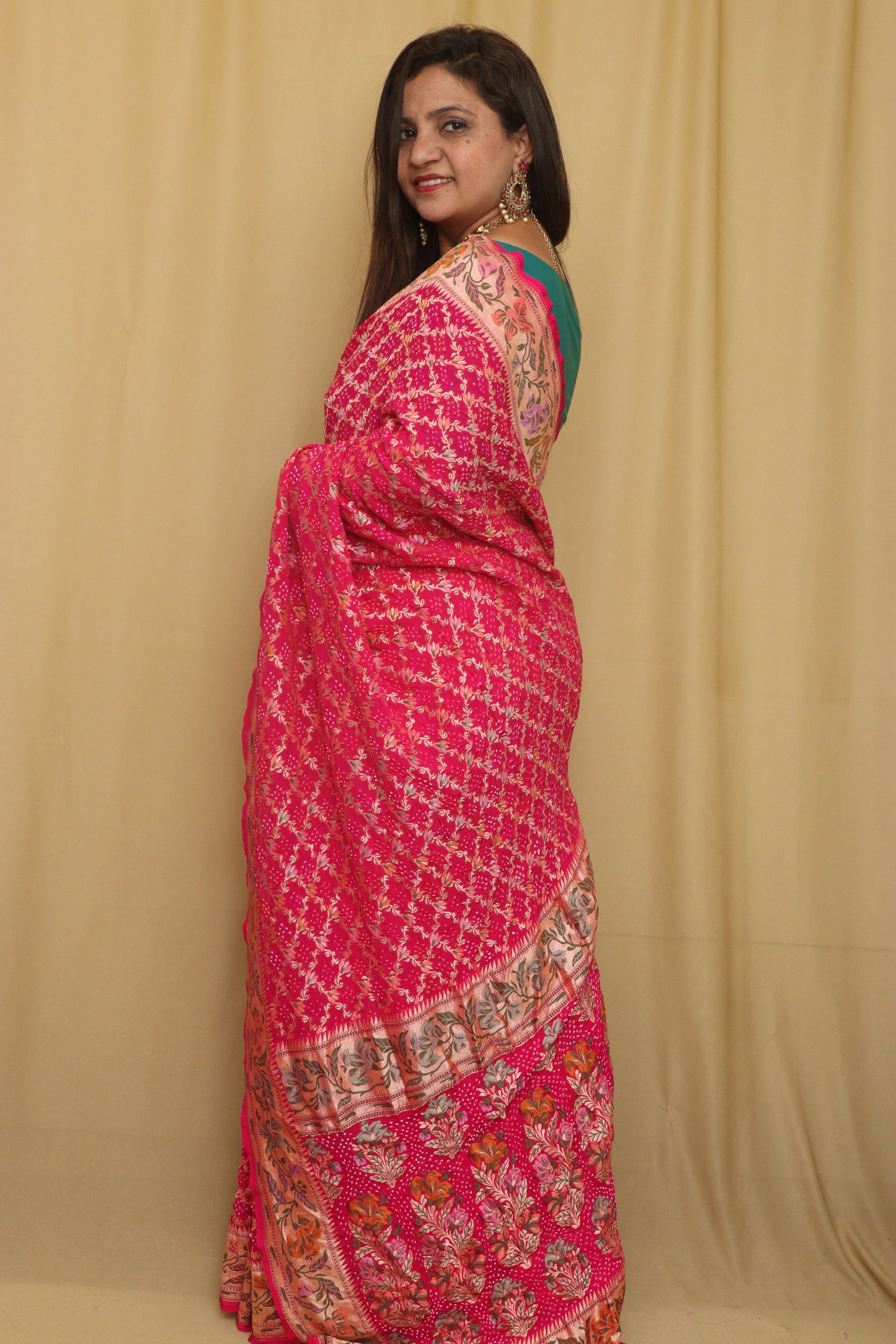 Stunning Pink Banarasi Bandhani Pure Georgette Meenakari Saree - Luxurion World