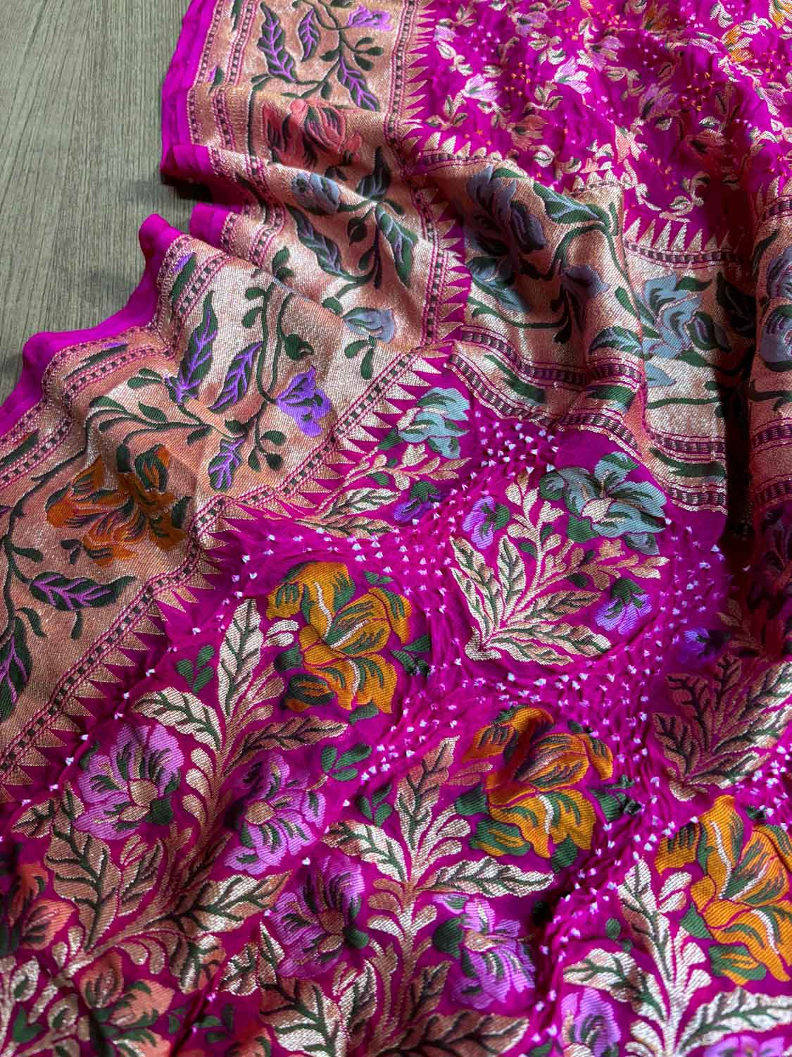 Stunning Pink Banarasi Bandhani Pure Georgette Meenakari Saree - Luxurion World