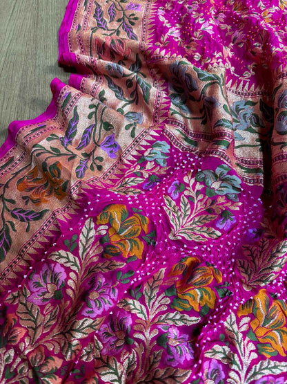 Stunning Pink Banarasi Bandhani Pure Georgette Meenakari Saree - Luxurion World