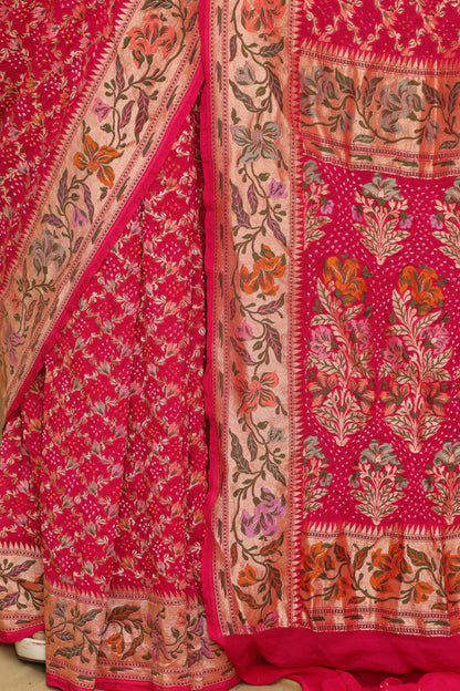 Stunning Pink Banarasi Bandhani Pure Georgette Meenakari Saree - Luxurion World