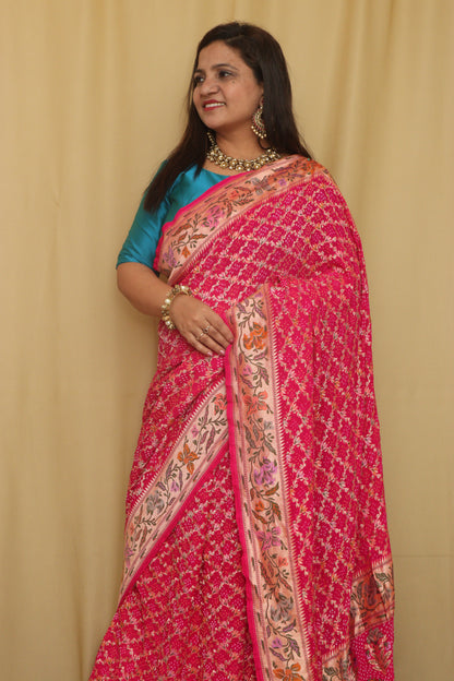 Stunning Pink Banarasi Bandhani Pure Georgette Meenakari Saree - Luxurion World