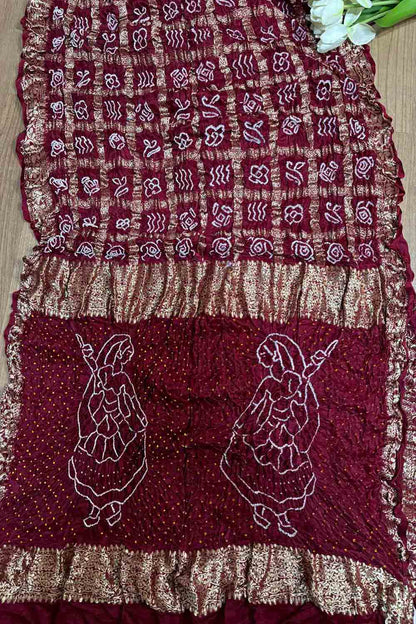 Stunning Maroon Bandhani Pure Gajji Silk Gharchola Saree - Luxurion World