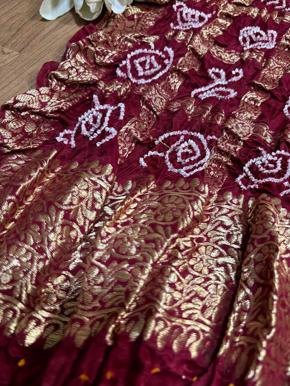 Stunning Maroon Bandhani Pure Gajji Silk Gharchola Saree - Luxurion World
