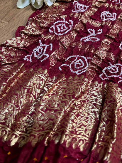 Stunning Maroon Bandhani Pure Gajji Silk Gharchola Saree - Luxurion World