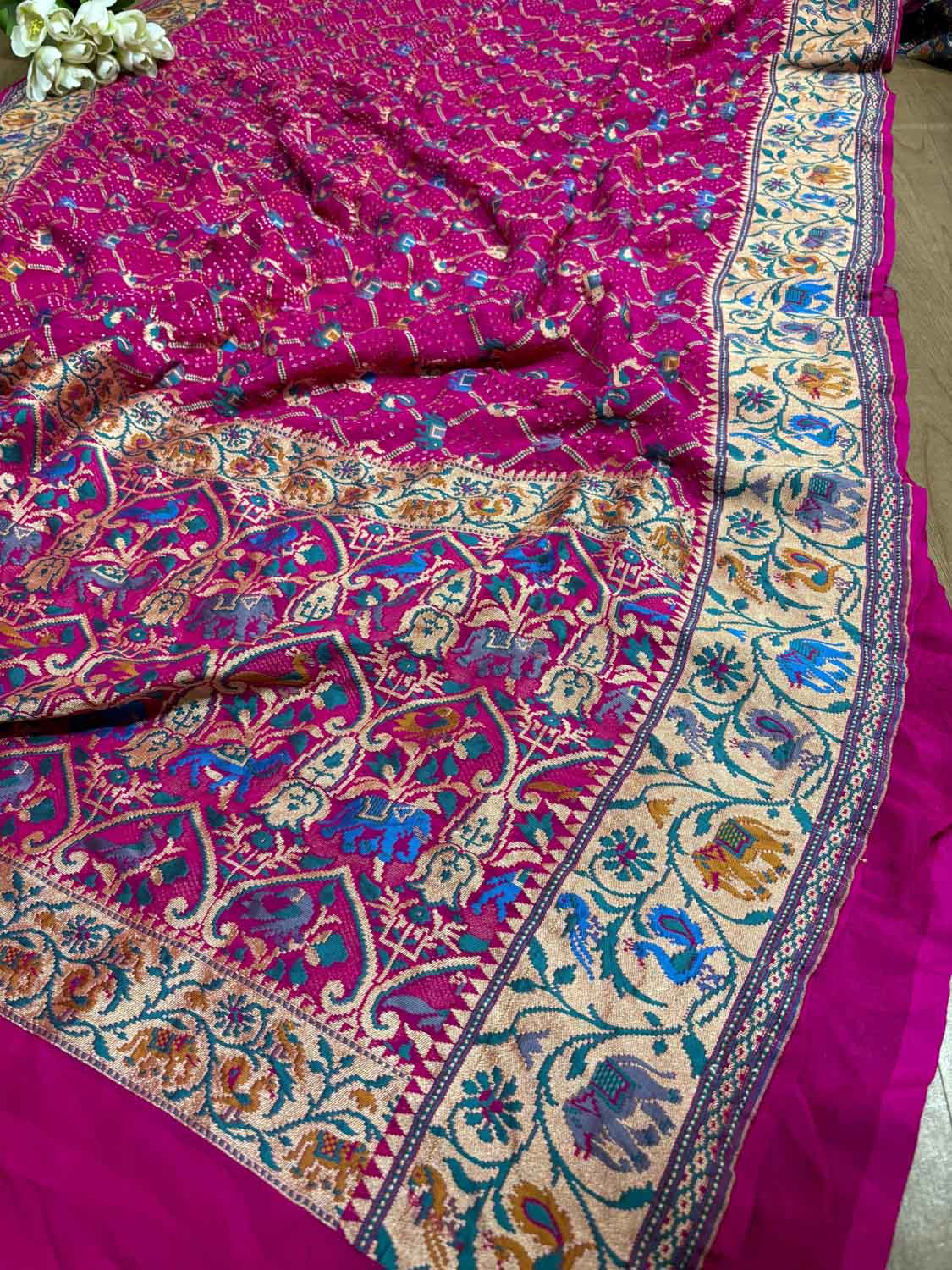 Stunning Pink Banarasi Bandhani Pure Georgette Meenakari Saree - Luxurion World