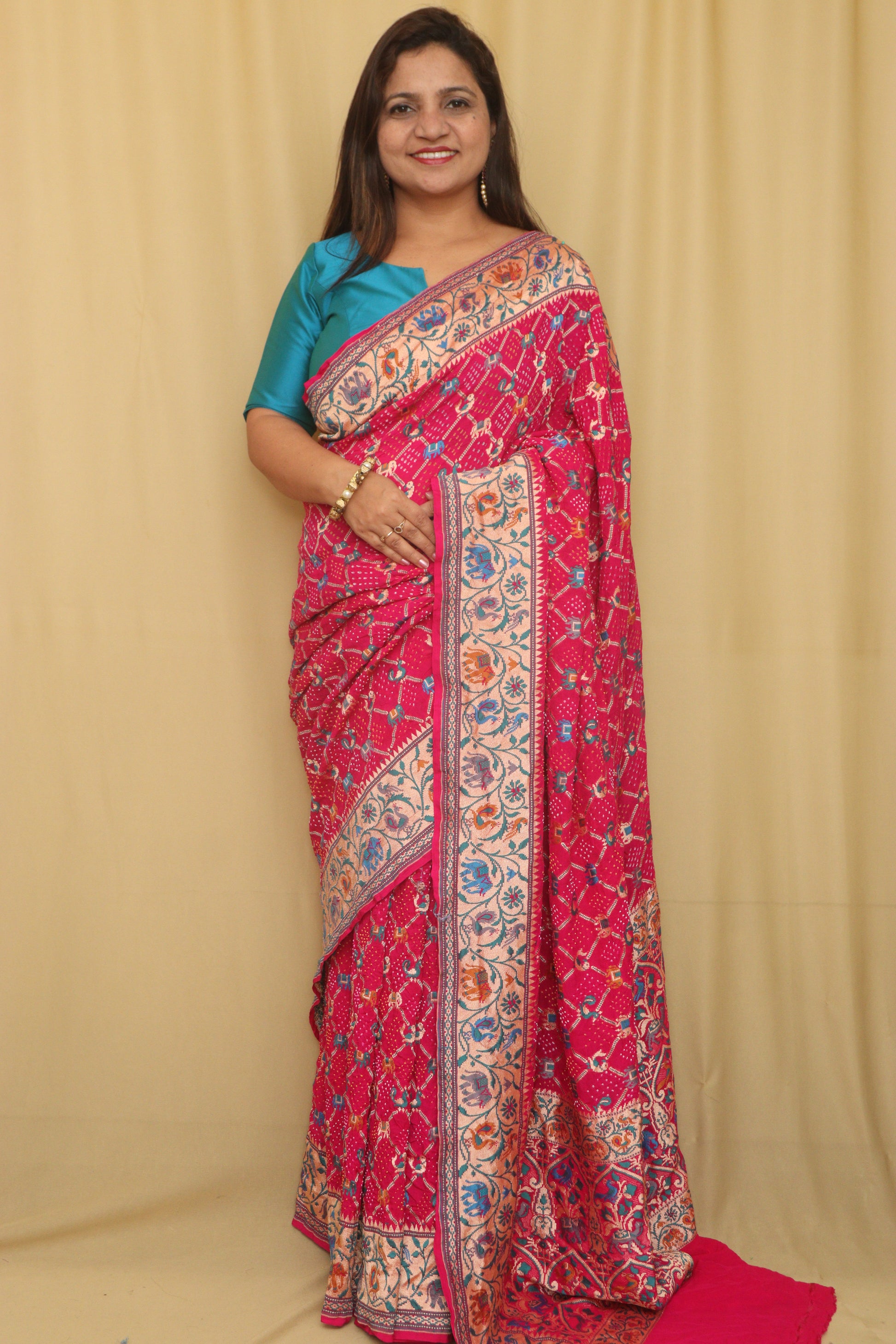 Stunning Pink Banarasi Bandhani Pure Georgette Meenakari Saree - Luxurion World