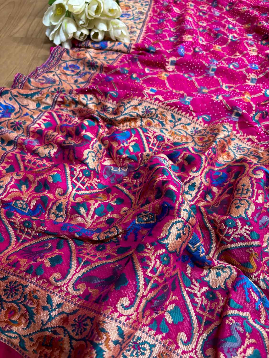 Stunning Pink Banarasi Bandhani Pure Georgette Meenakari Saree - Luxurion World