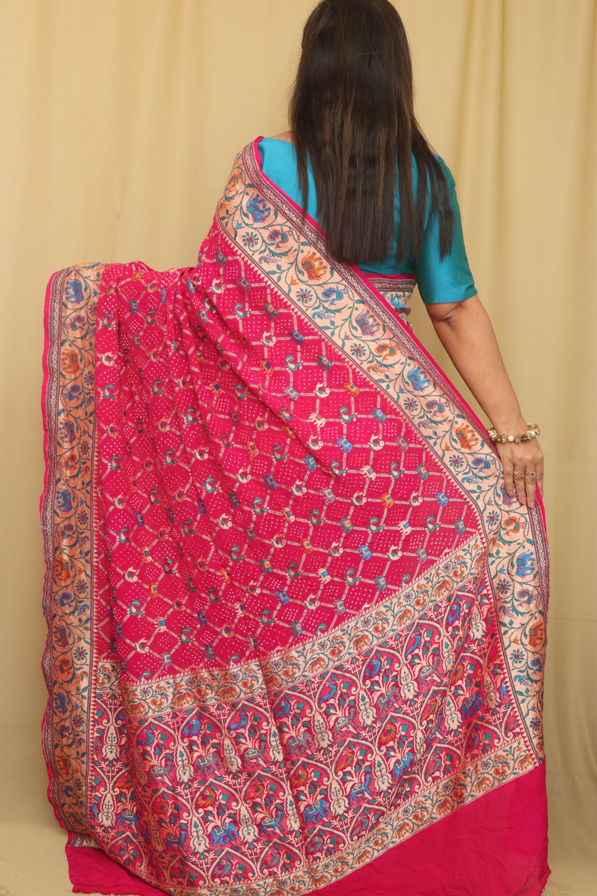 Stunning Pink Banarasi Bandhani Pure Georgette Meenakari Saree - Luxurion World