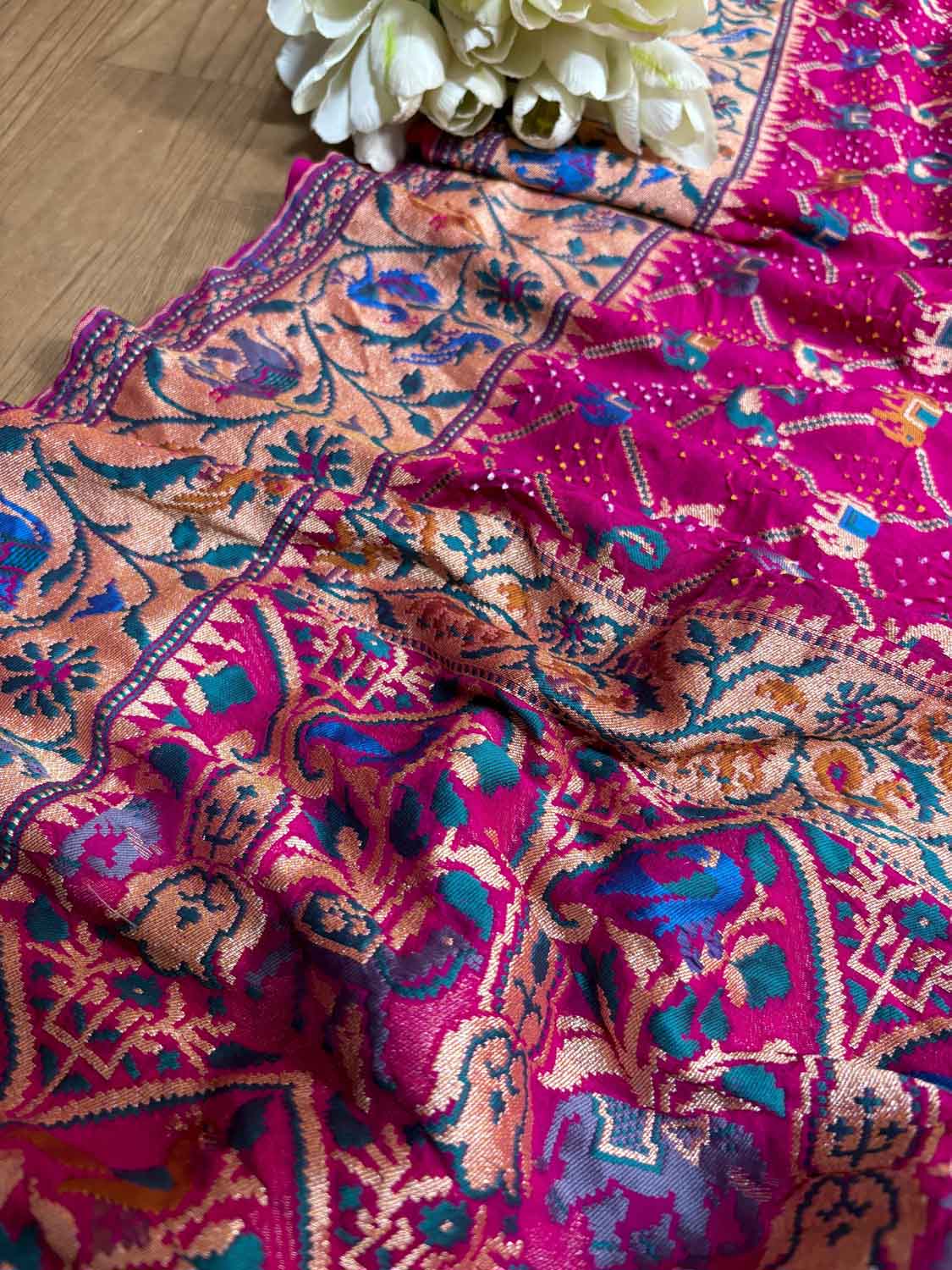 Stunning Pink Banarasi Bandhani Pure Georgette Meenakari Saree - Luxurion World