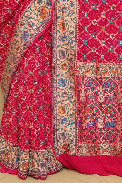 Stunning Pink Banarasi Bandhani Pure Georgette Meenakari Saree - Luxurion World