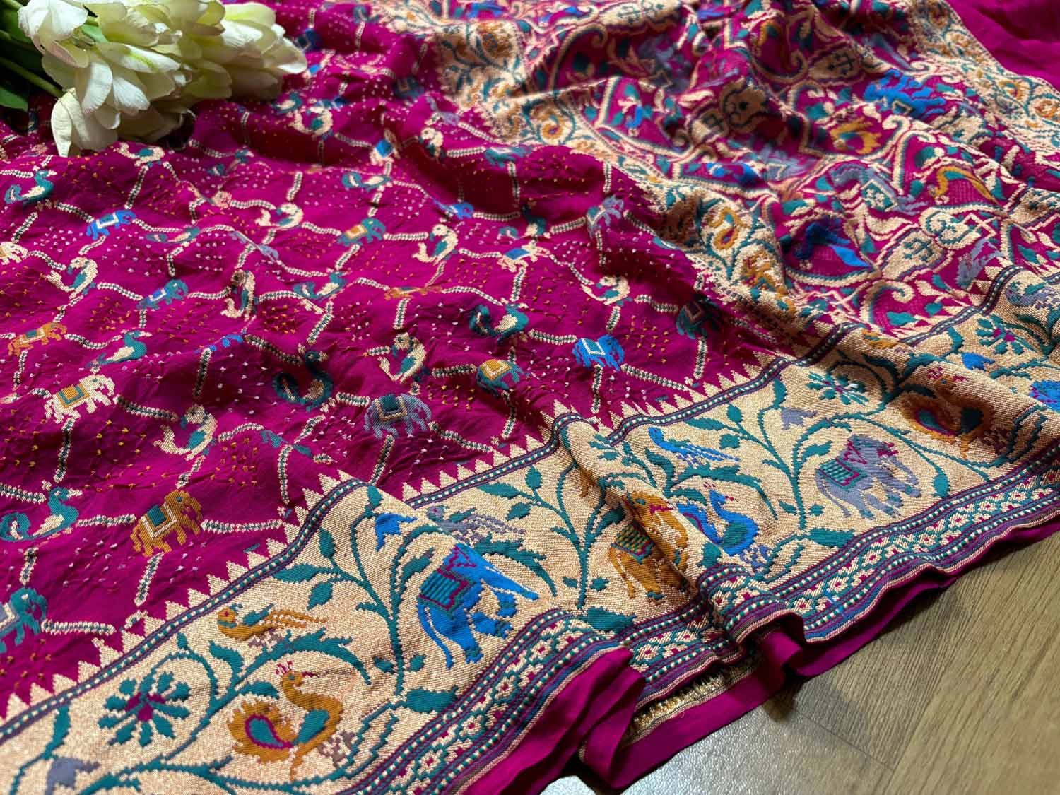 Stunning Pink Banarasi Bandhani Pure Georgette Meenakari Saree - Luxurion World