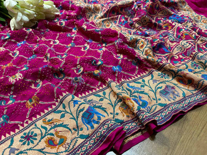 Stunning Pink Banarasi Bandhani Pure Georgette Meenakari Saree - Luxurion World
