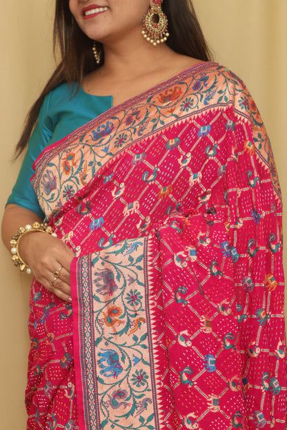 Stunning Pink Banarasi Bandhani Pure Georgette Meenakari Saree - Luxurion World