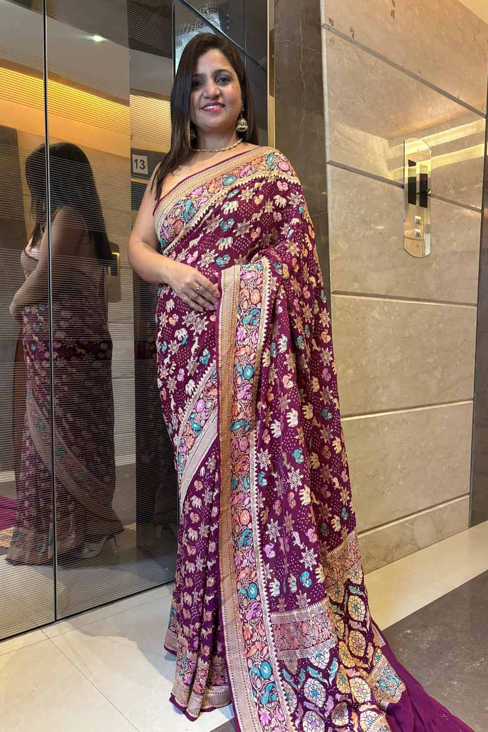 Exquisite Purple Banarasi Bandhani Pure Georgette Meenakari Saree - Luxurion World