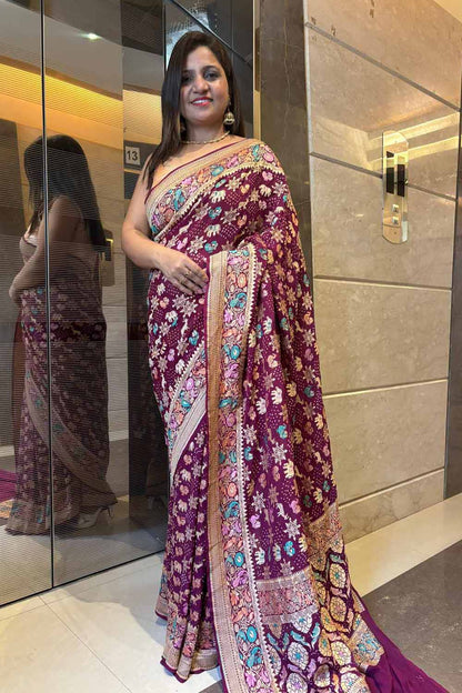 Exquisite Purple Banarasi Bandhani Pure Georgette Meenakari Saree - Luxurion World
