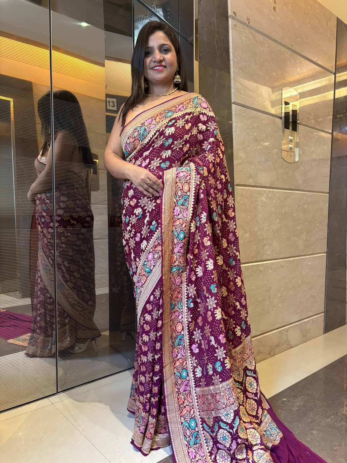 Exquisite Purple Banarasi Bandhani Pure Georgette Meenakari Saree - Luxurion World