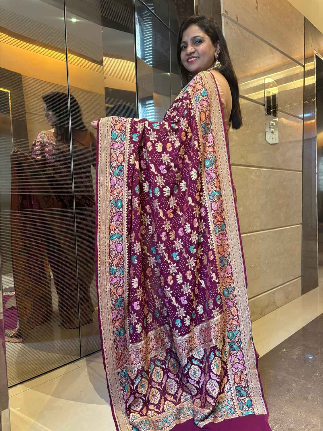 Exquisite Purple Banarasi Bandhani Pure Georgette Meenakari Saree - Luxurion World