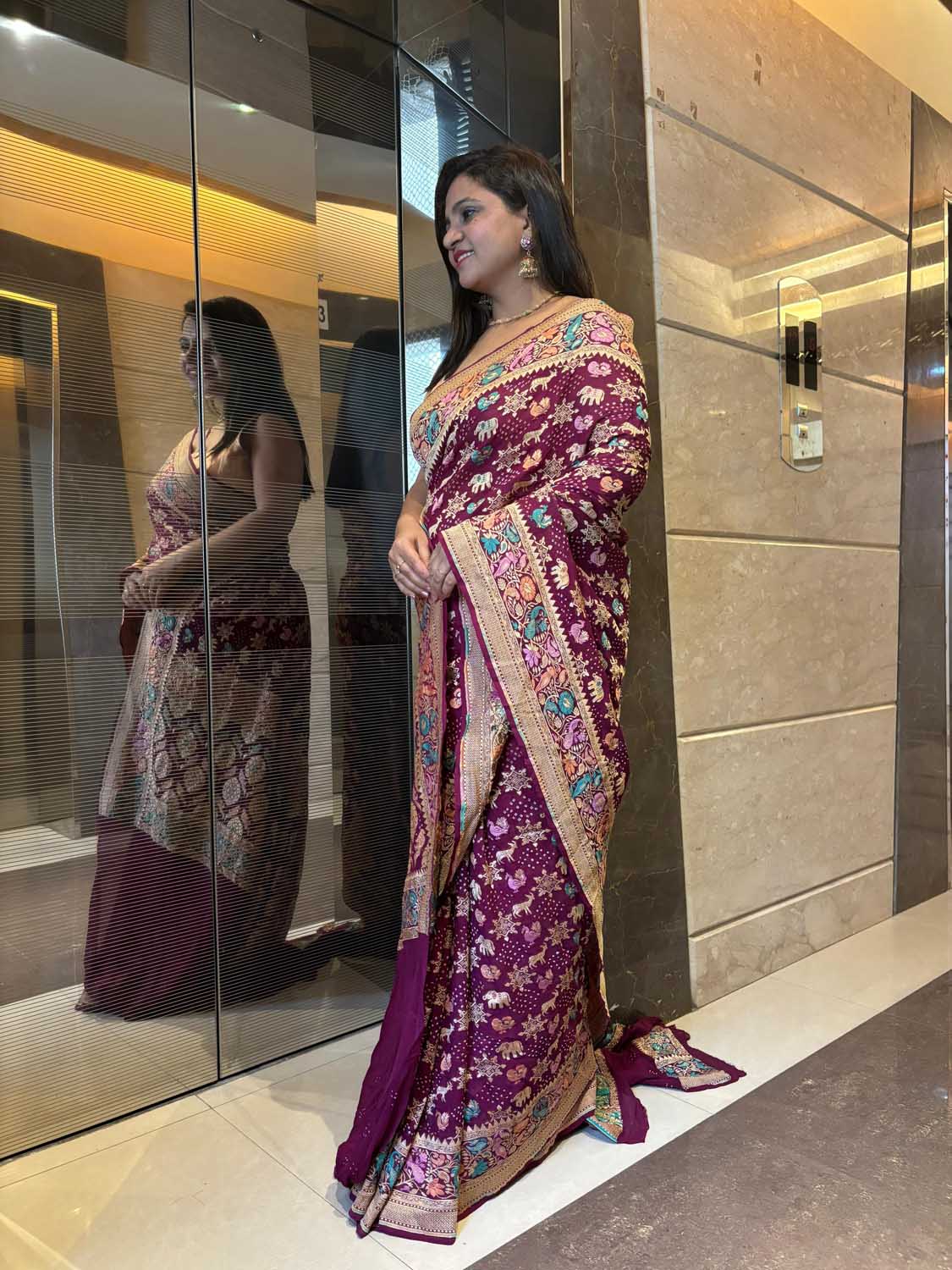 Exquisite Purple Banarasi Bandhani Pure Georgette Meenakari Saree - Luxurion World