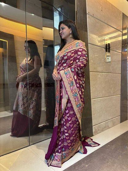 Exquisite Purple Banarasi Bandhani Pure Georgette Meenakari Saree - Luxurion World