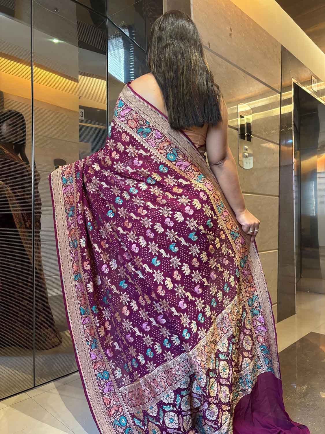 Exquisite Purple Banarasi Bandhani Pure Georgette Meenakari Saree - Luxurion World