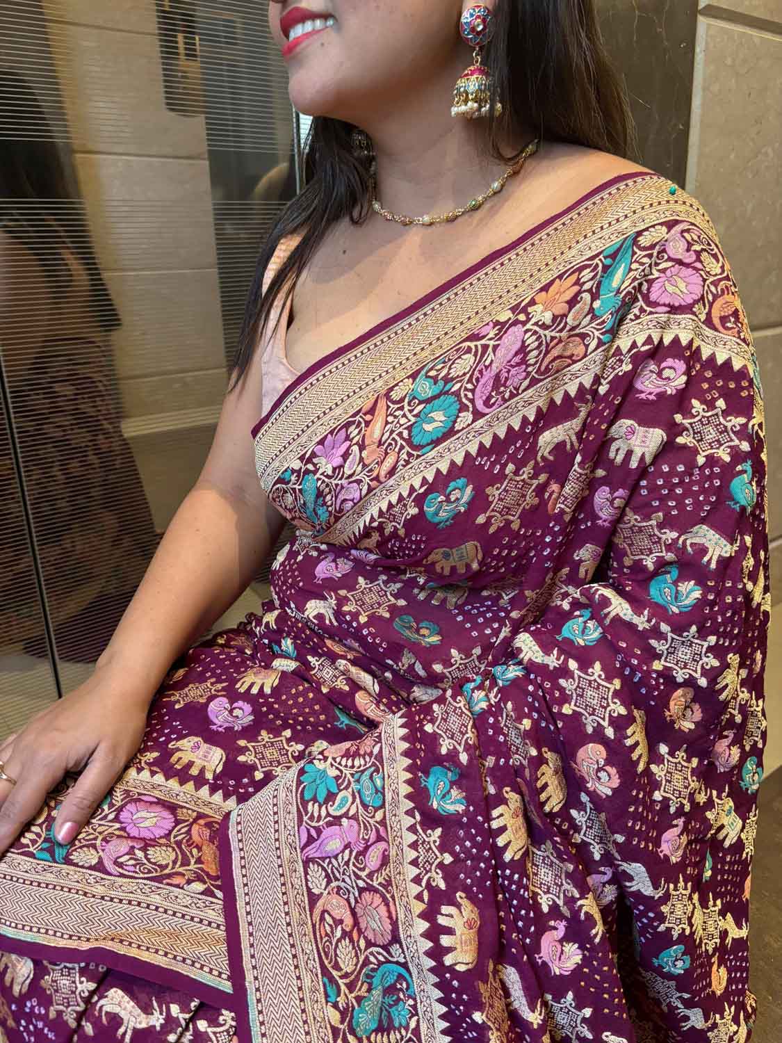 Exquisite Purple Banarasi Bandhani Pure Georgette Meenakari Saree - Luxurion World