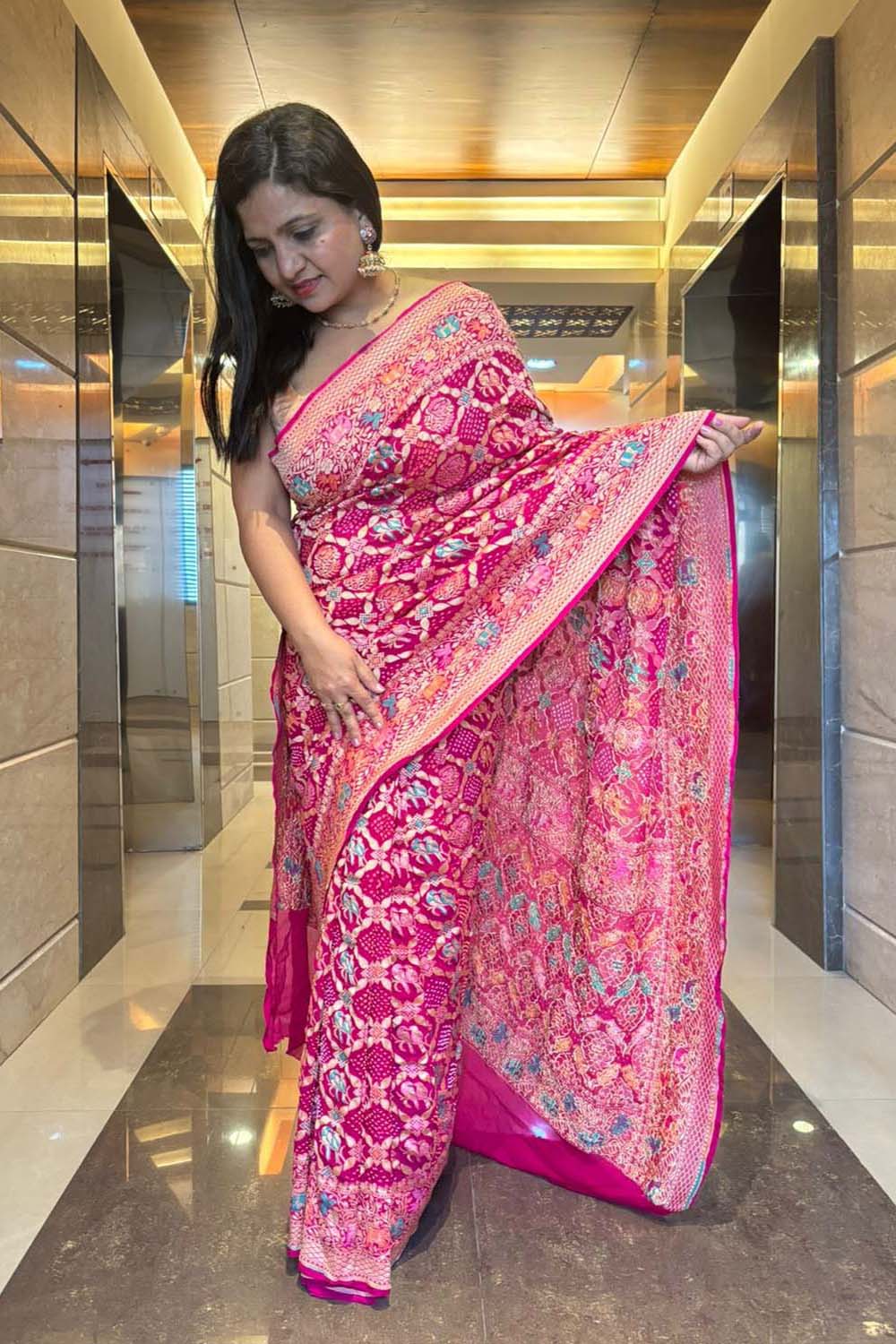 Stunning Pink Banarasi Bandhani Pure Georgette Meenakari Saree - Luxurion World